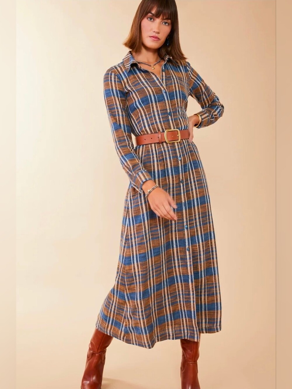 NWOT Spartina 449 Tillie Midi Shirt Dress Kalalanta Plaid Navy Size XS